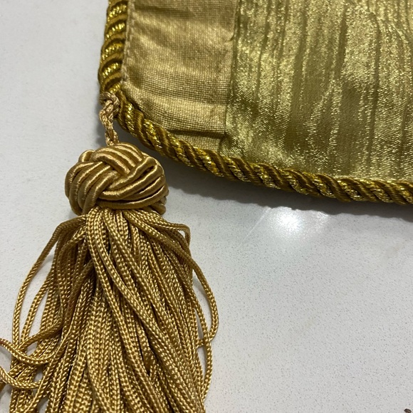 Table runner w/ blocks of gold, paisley & velvet, bound with gold metallic braid - Picture 3 of 11